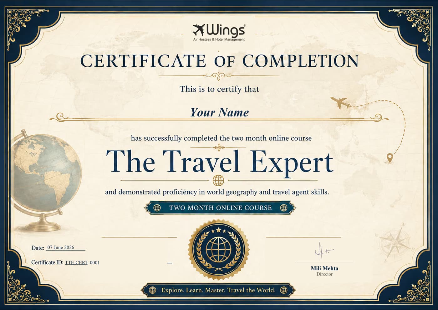 The Travel Expert — Certificate of Completion, issued by Wings Institute